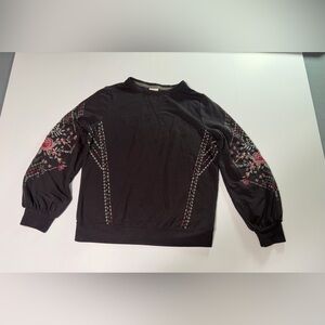 Knox Rose Black Textured Top with Embroidered Trim